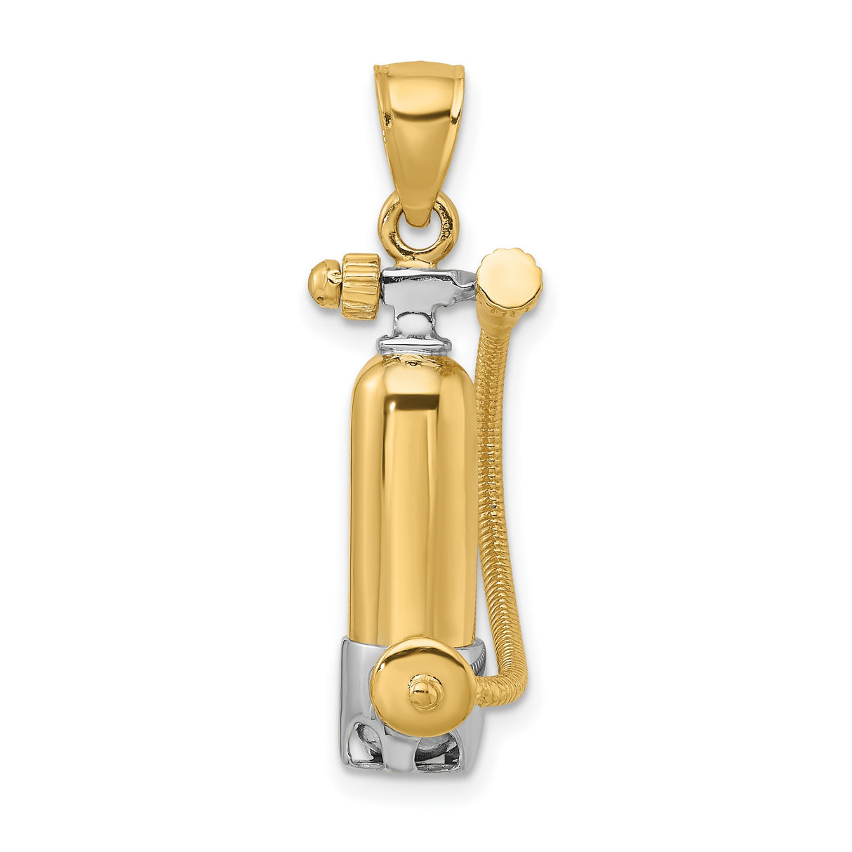 10k Yellow Gold and Rhodium Scuba Tank Pendant with Hose Detail, Nautical Charm for Divers
