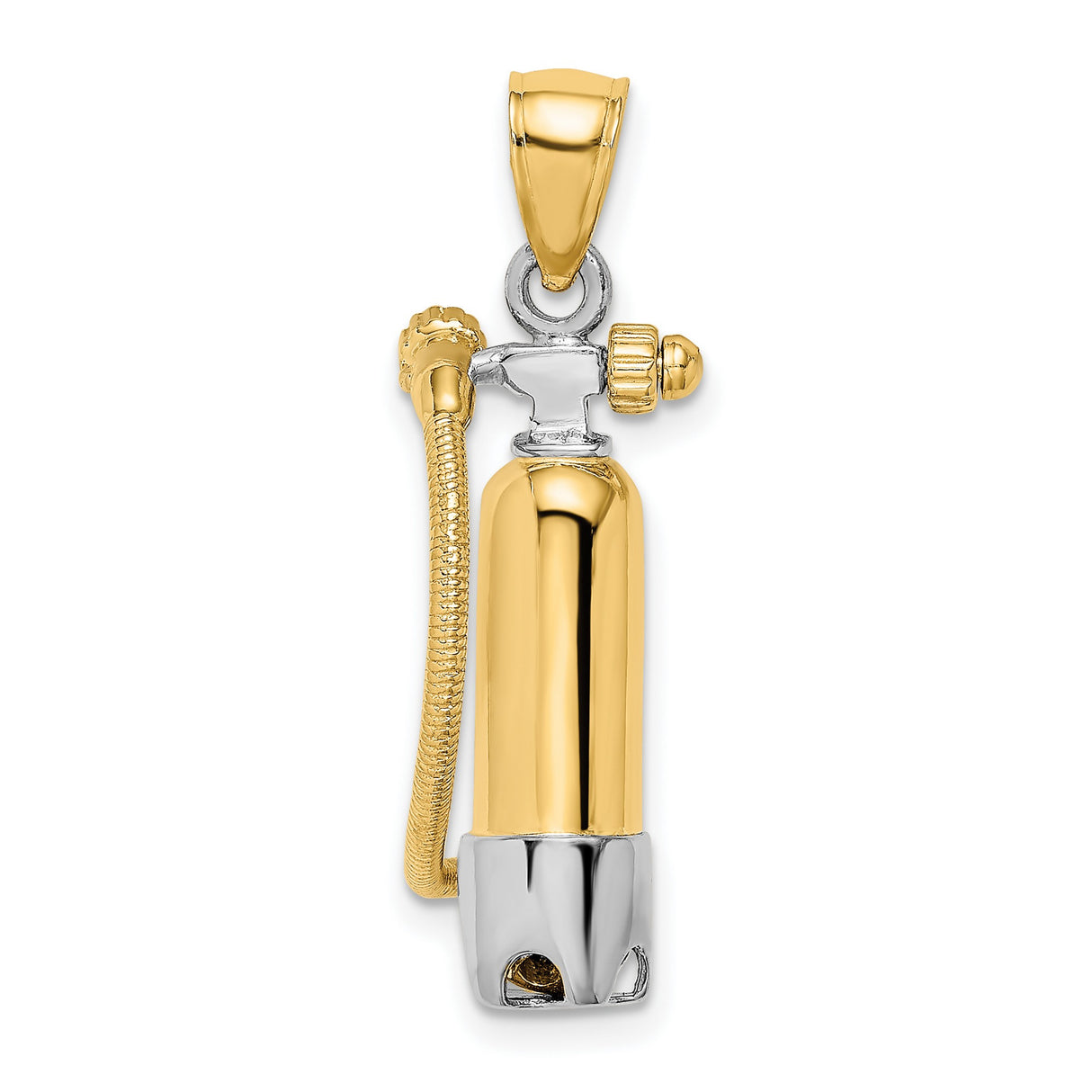 10k Yellow Gold and Rhodium Scuba Tank Pendant with Hose Detail, Nautical Charm for Divers