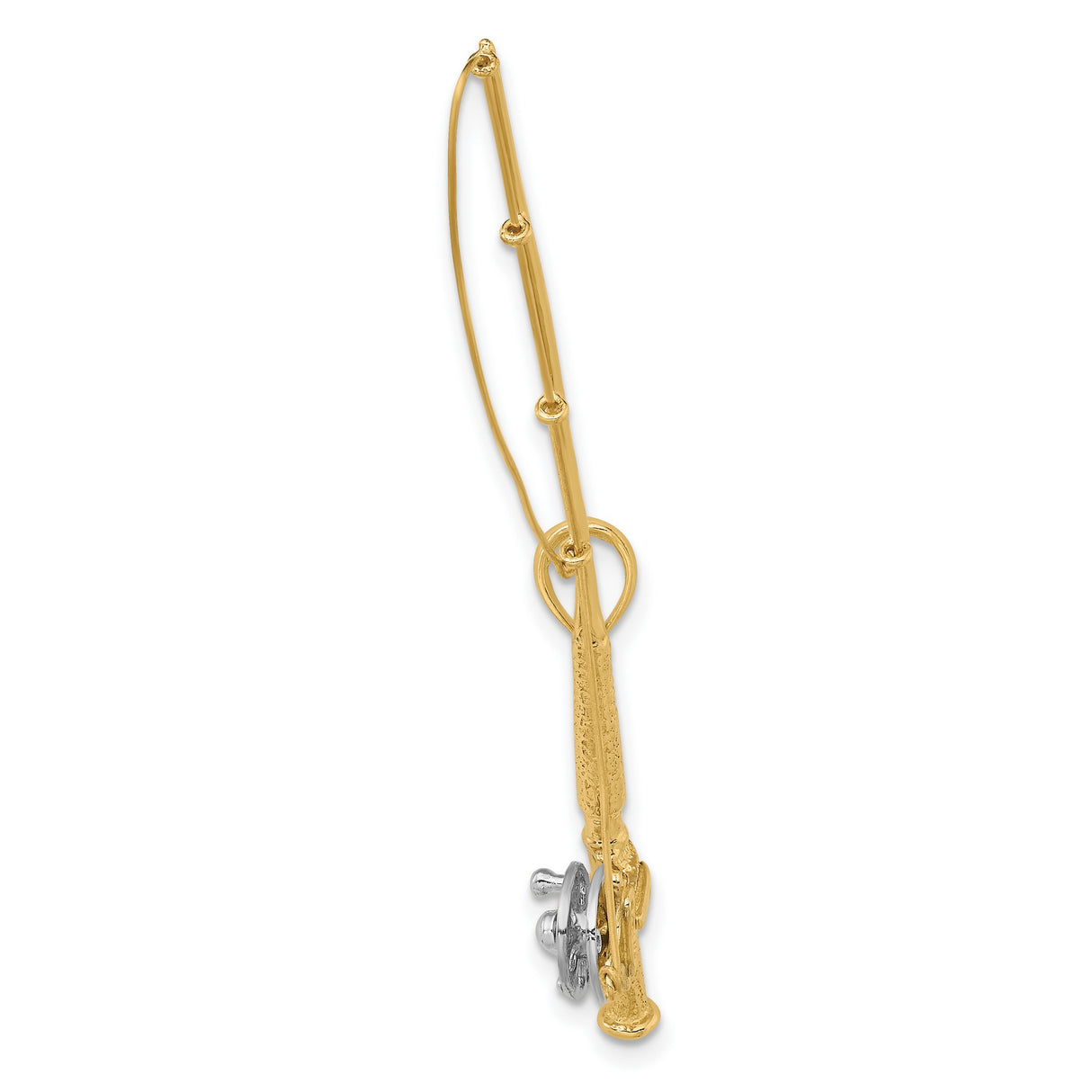 10k Multi-Tone Gold Fishing Pole Pendant with Rhodium Accent, Rod and Reel Design