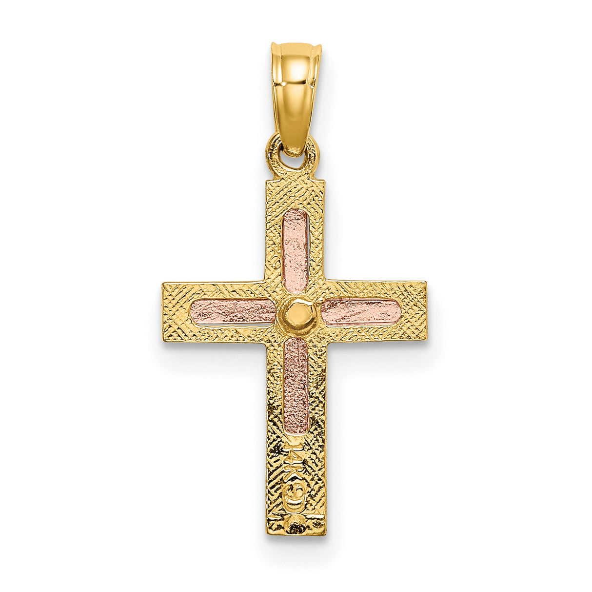 10k Two-Tone Gold Cross Pendant with Satin Finish and Textured Edge Design