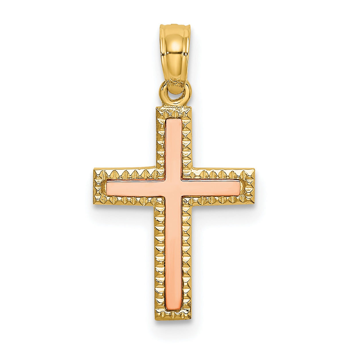 10k Two-Tone Gold Cross Pendant with Satin Finish and Textured Edge Design