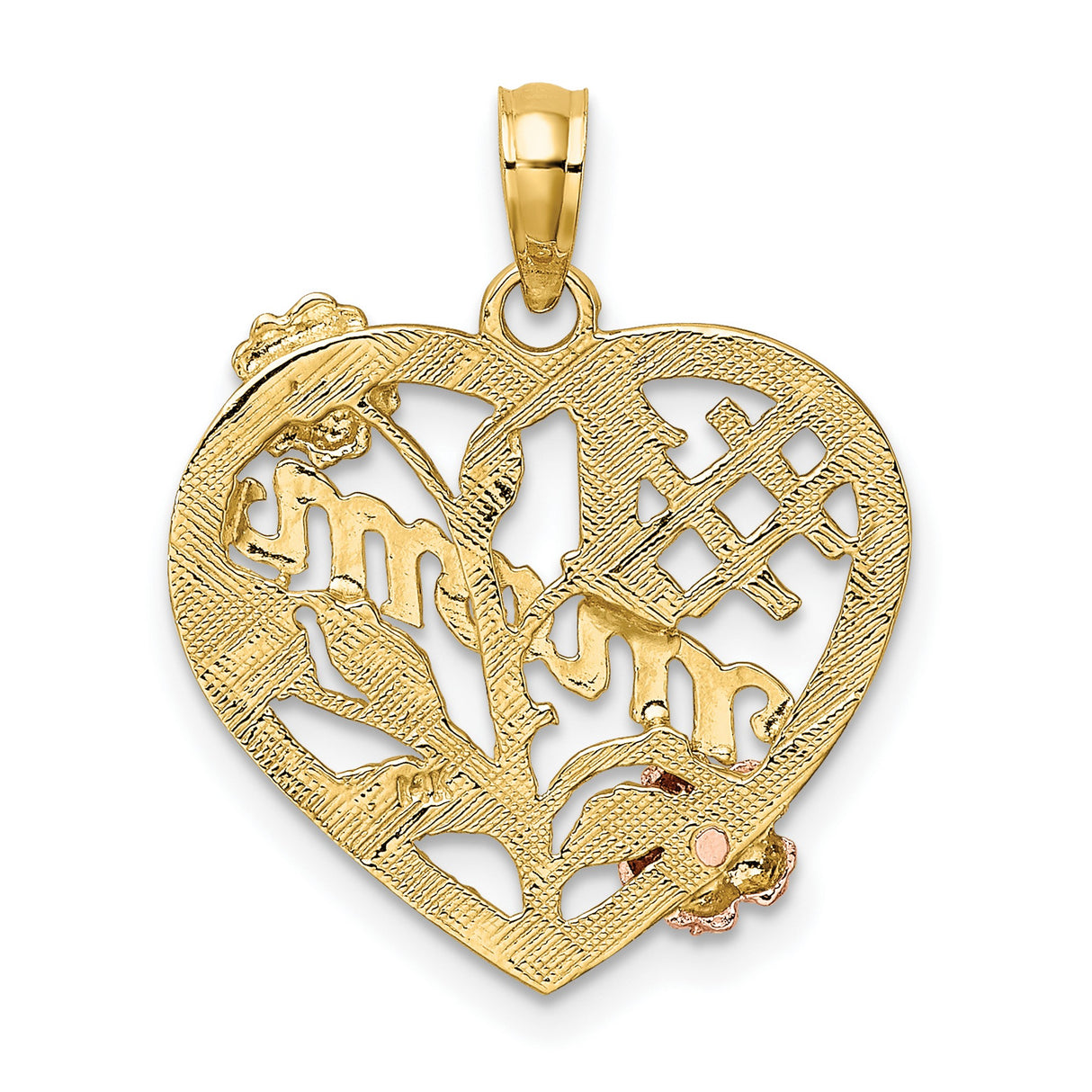 10k Two-Tone Gold Heart Pendant with Rose and White Gold Floral Motif, Number 1 Mom Design