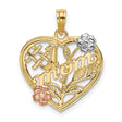 10k Two-Tone Gold Heart Pendant with Rose and White Gold Floral Motif, Number 1 Mom Design