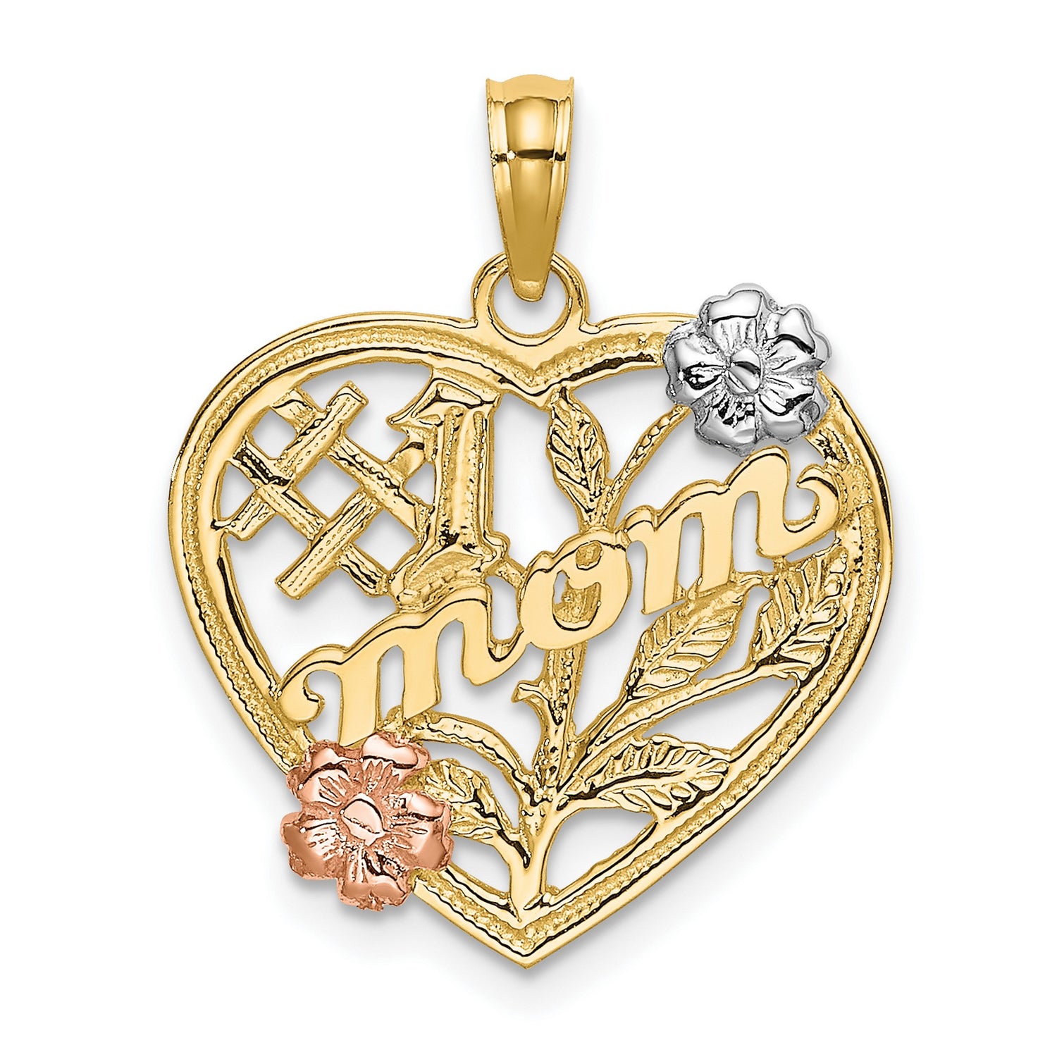 10k Two-Tone Gold Heart Pendant with Rose and White Gold Floral Motif, Number 1 Mom Design