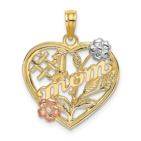 10k Two-Tone Gold Heart Pendant with Rose and White Gold Floral Motif, Number 1 Mom Design