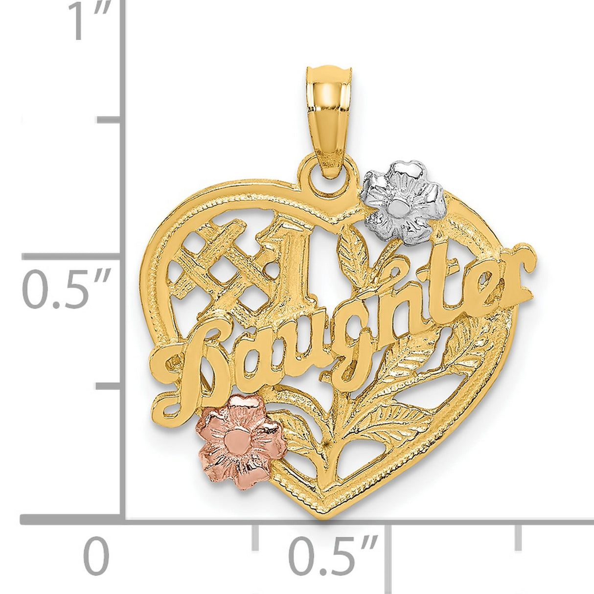 10k Two-Tone Gold Heart Pendant with Rose and White Gold Floral Accents, #1 Daughter Design