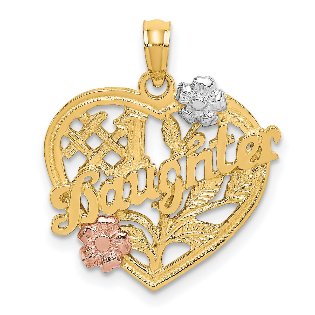 10k Two-Tone Gold Heart Pendant with Rose and White Gold Floral Accents, #1 Daughter Design