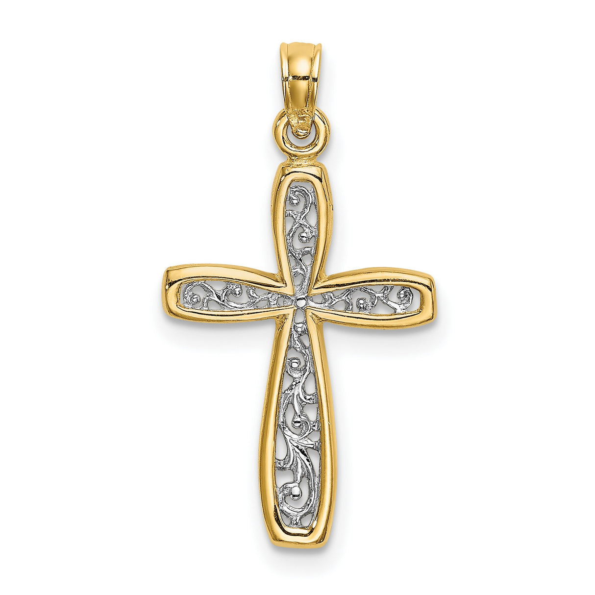 10k Two-Tone Gold Filigree Cross Pendant with Rounded Edges Religious Charm for Men and Women