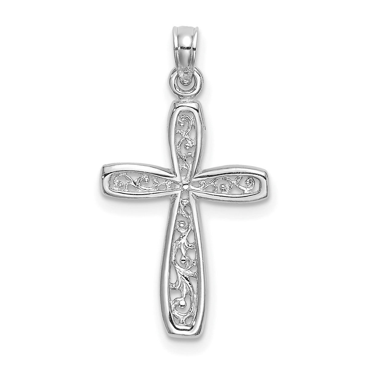 10k White Gold Cross Pendant with Filigree Scroll Detail and Vintage Lace Pattern
