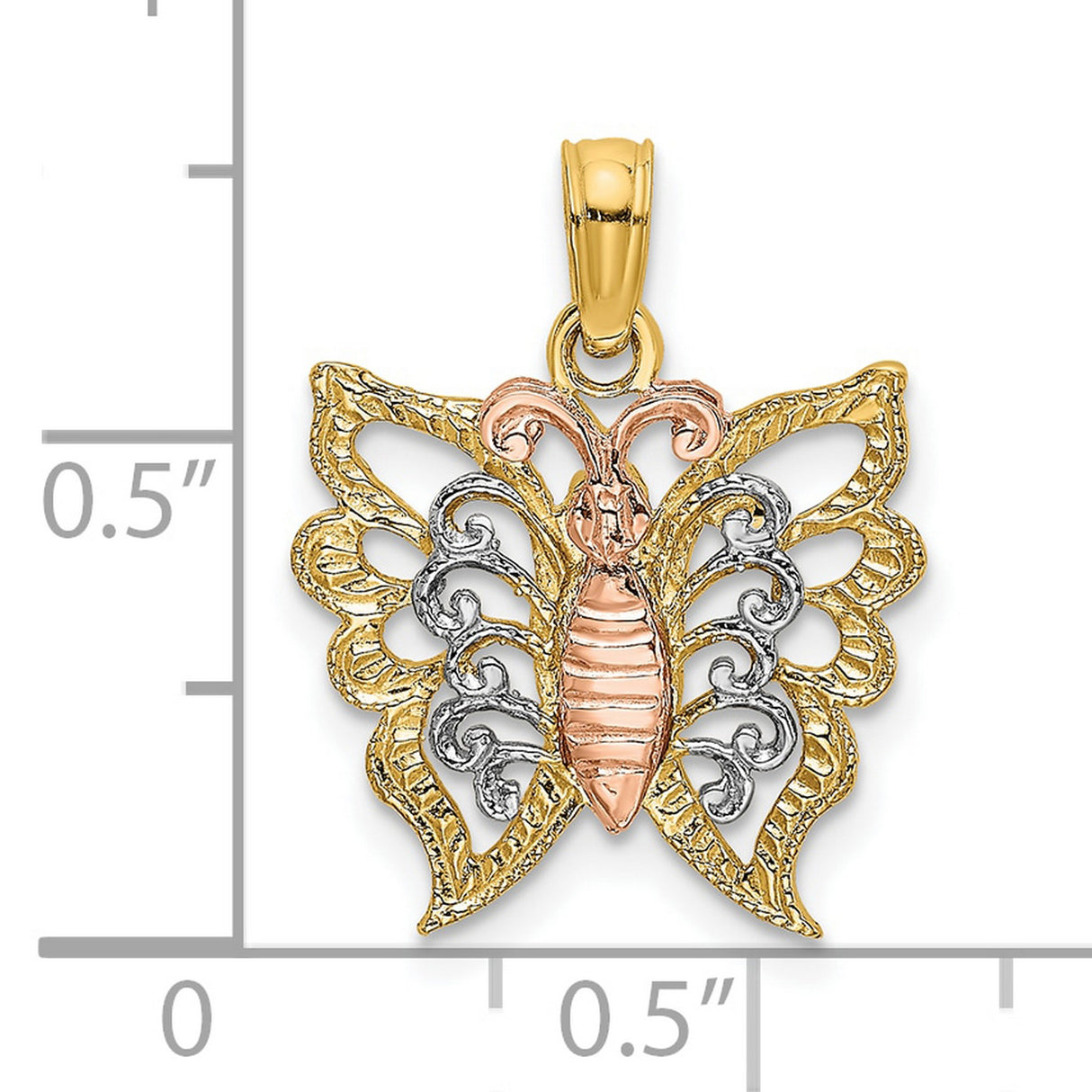 10k Two-Tone Gold Butterfly Pendant with Rose, White, and Yellow Gold Filigree Detailing