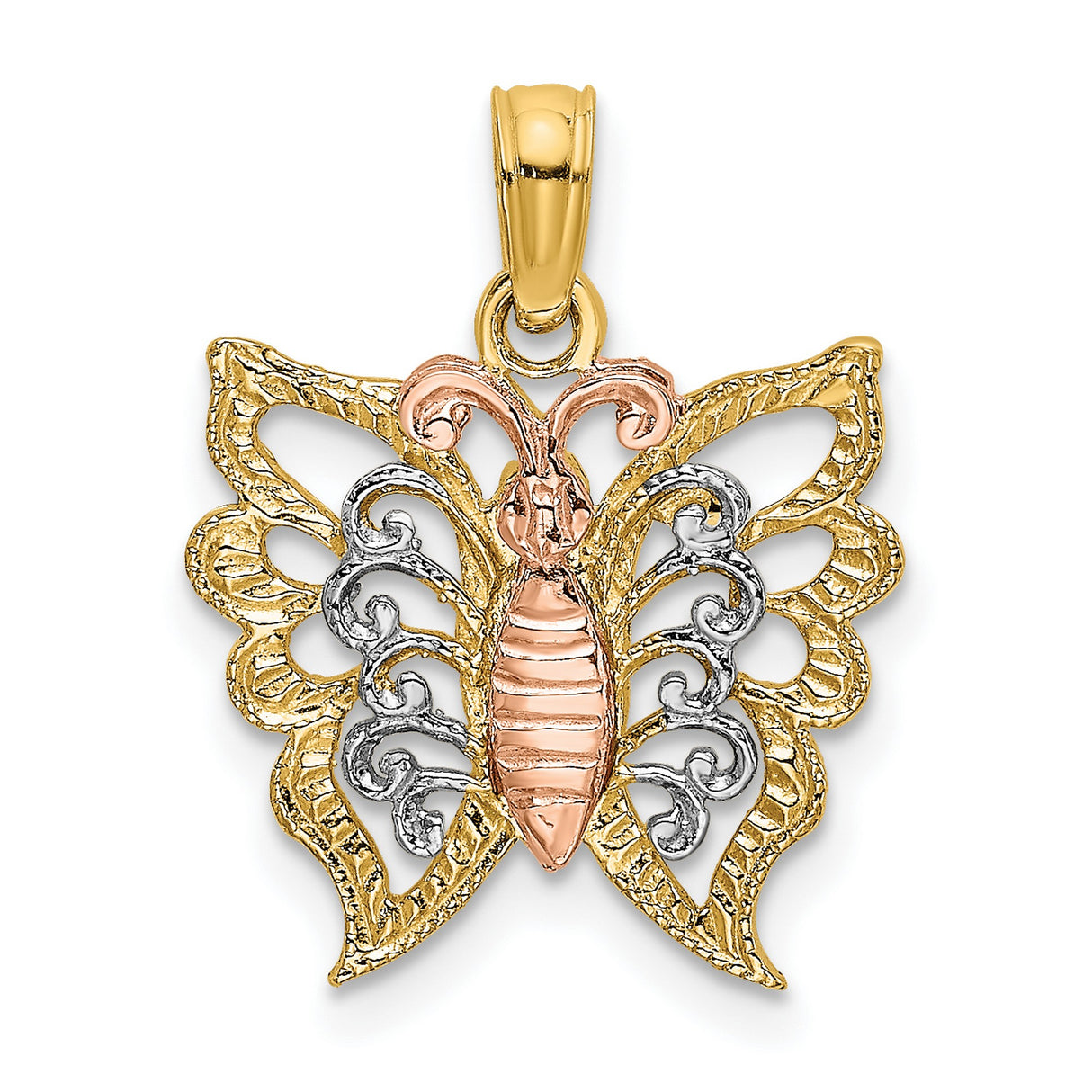 10k Two-Tone Gold Butterfly Pendant with Rose, White, and Yellow Gold Filigree Detailing