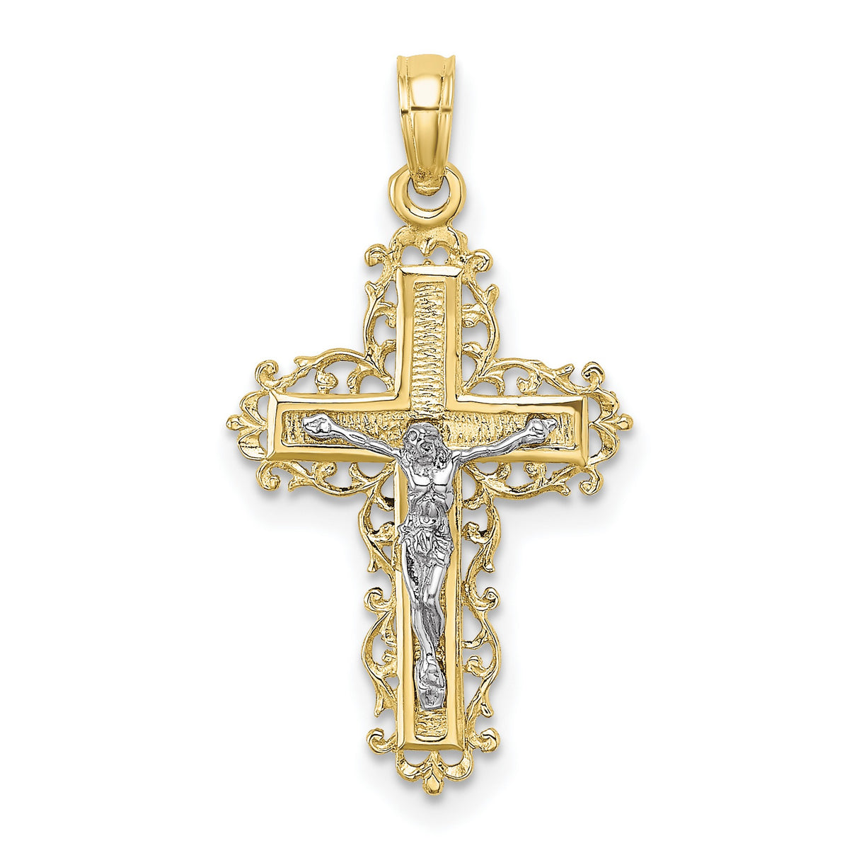 10k Multi-Tone Gold Crucifix Cross Pendant, Textured Baroque Design, Religious Charm for Men and Women