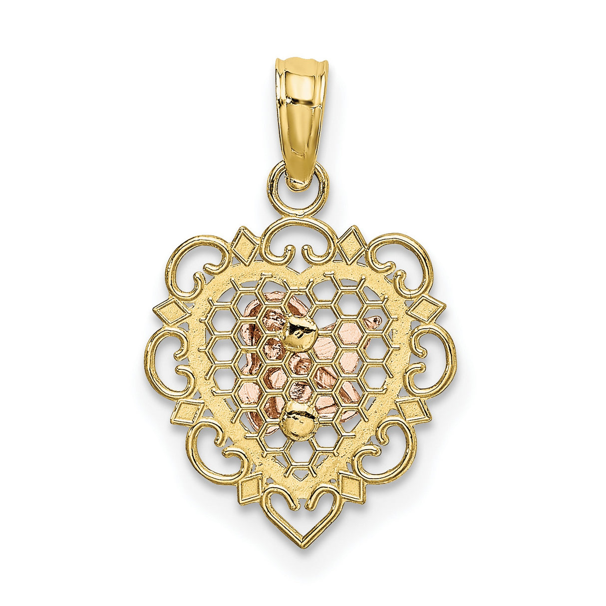 10k Two-Tone Gold Heart Pendant with Cherub Angel and Filigree Honeycomb Design