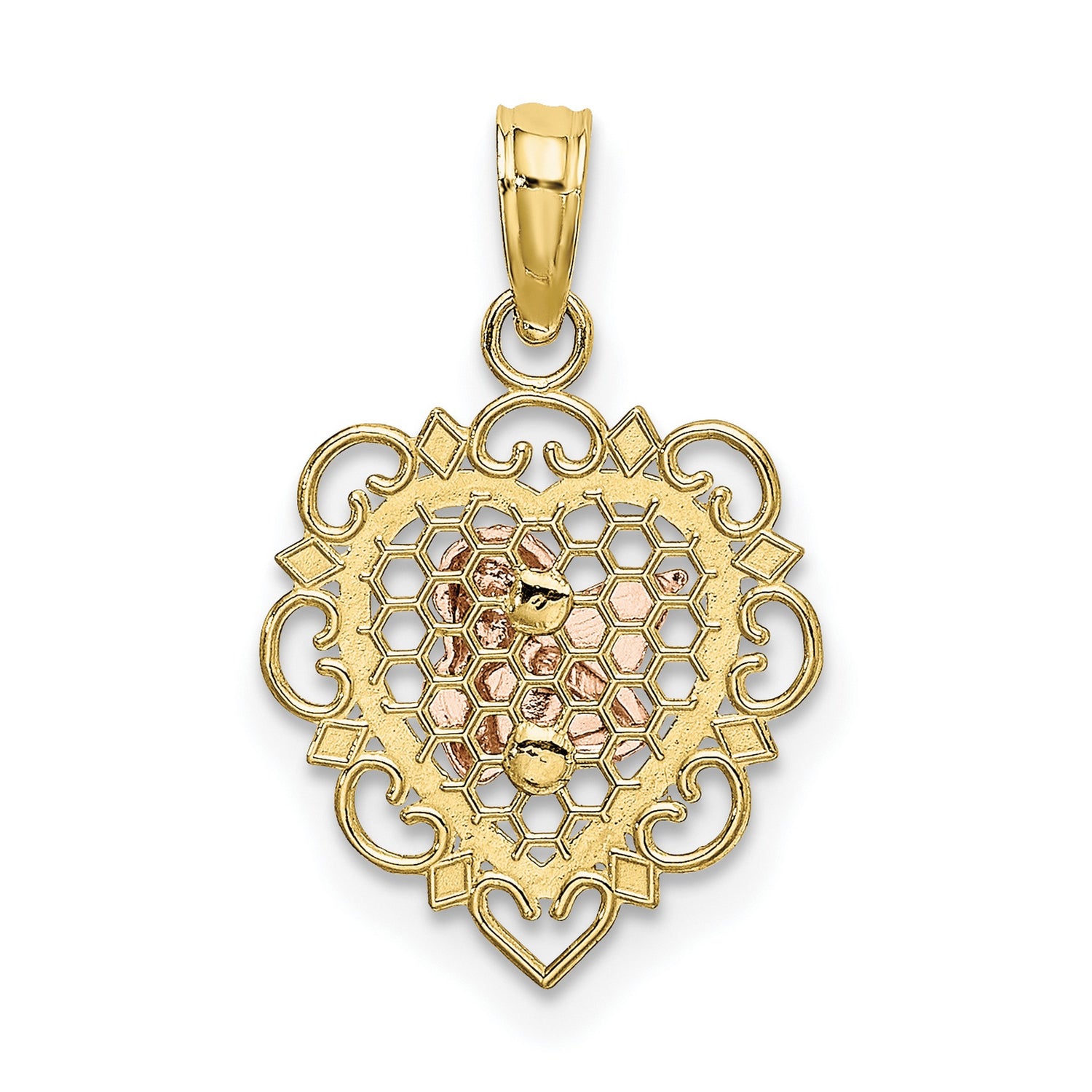 10k Two-Tone Gold Heart Pendant with Cherub Angel and Filigree Honeycomb Design