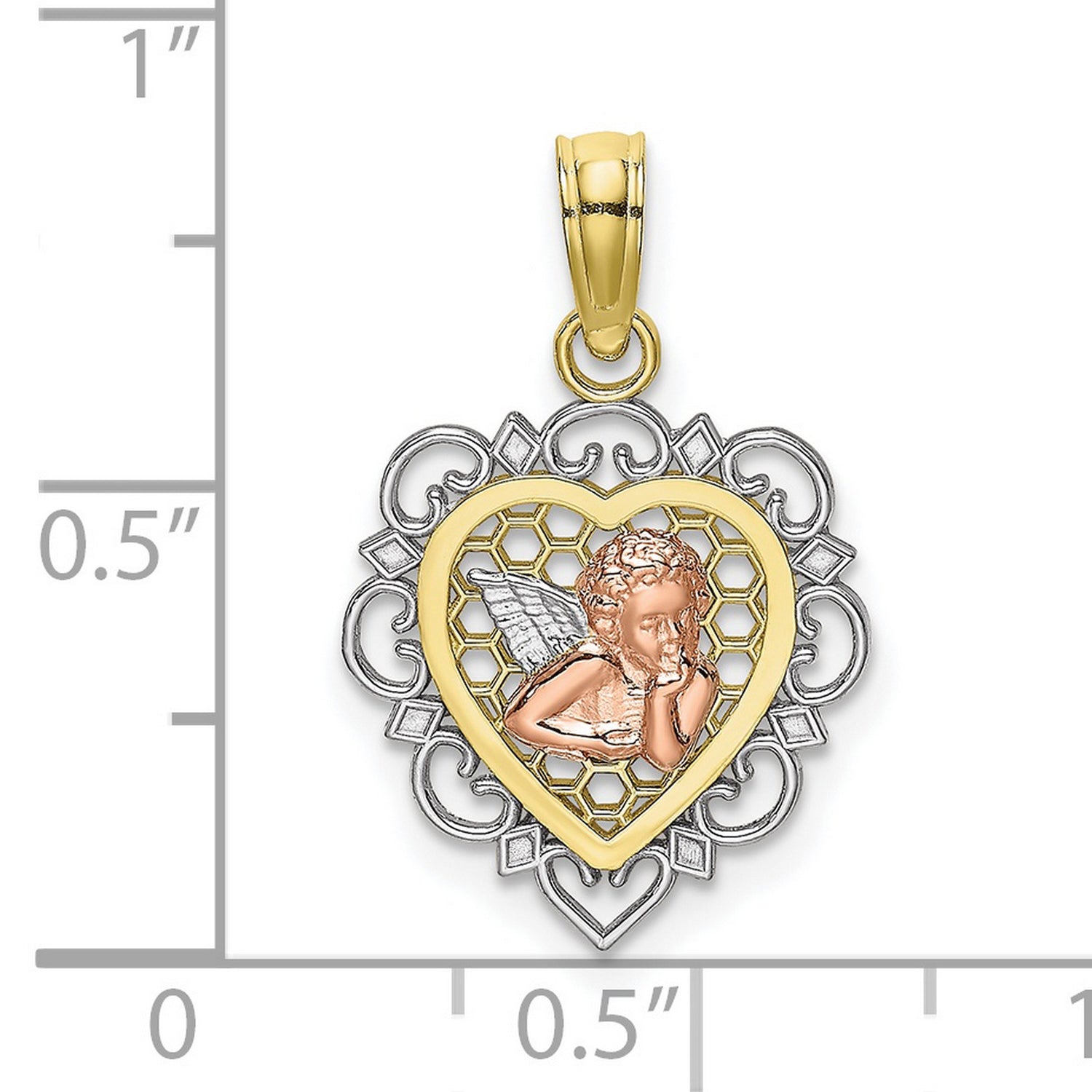 10k Two-Tone Gold Heart Pendant with Cherub Angel and Filigree Honeycomb Design