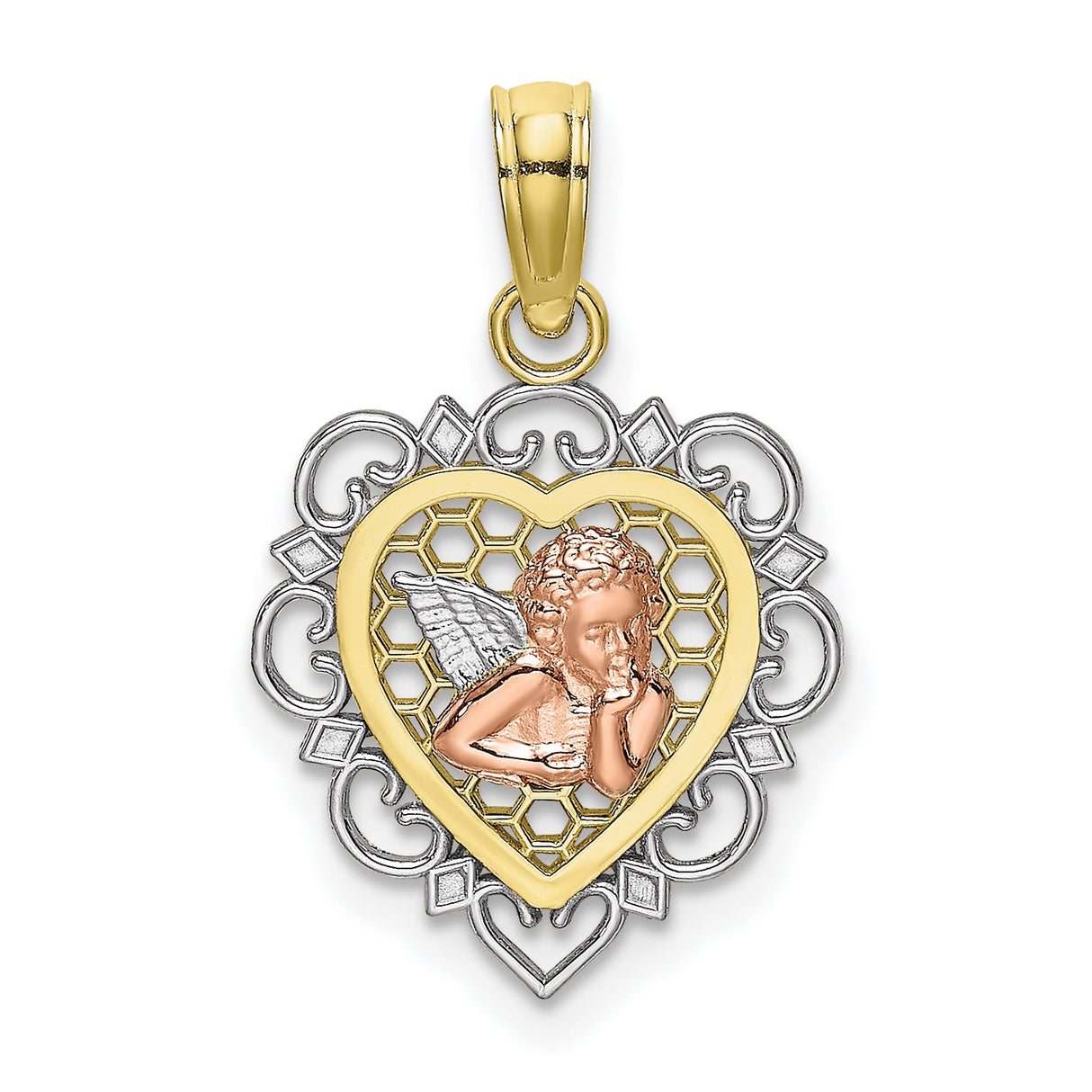 10k Two-Tone Gold Heart Pendant with Cherub Angel and Filigree Honeycomb Design
