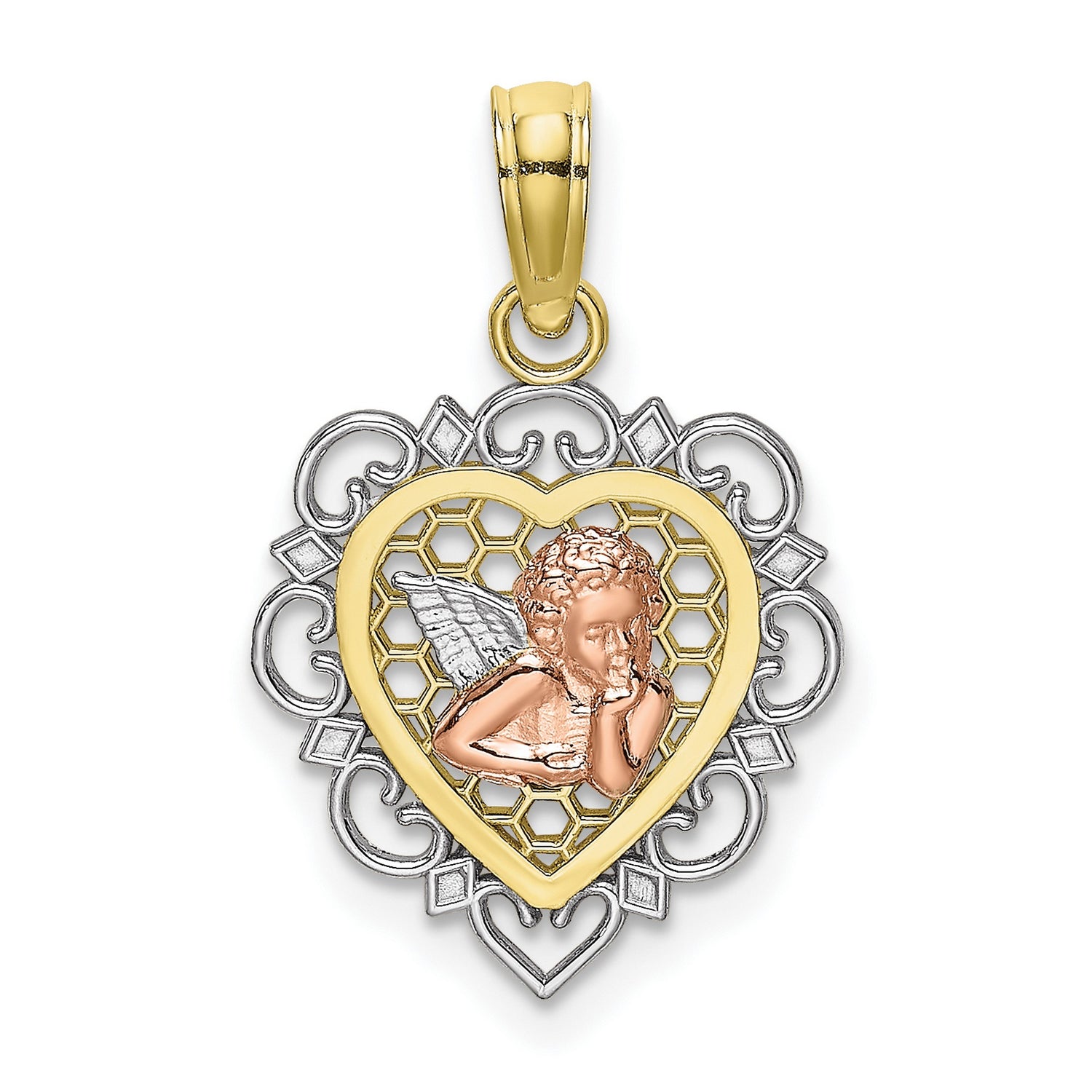 10k Two-Tone Gold Heart Pendant with Cherub Angel and Filigree Honeycomb Design