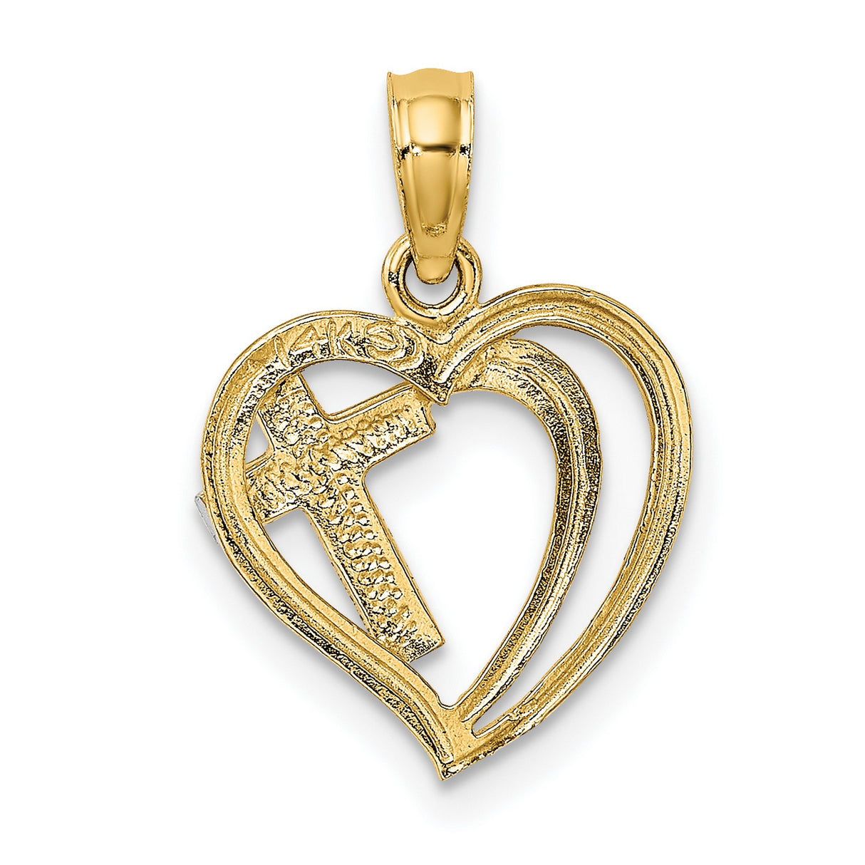 10k Yellow and White Gold Cross Heart Pendant with Textured Finish and Looped Bail