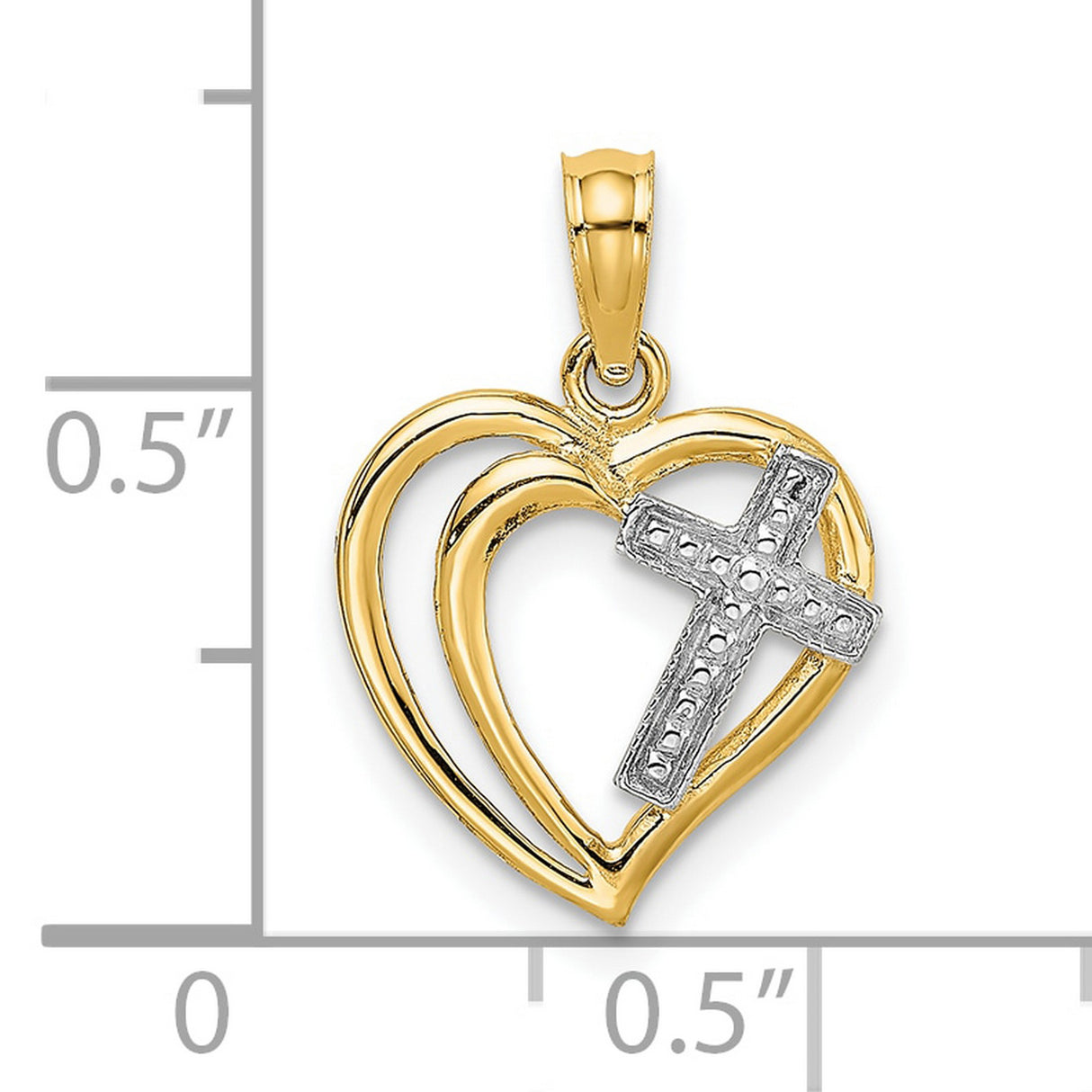 10k Yellow and White Gold Cross Heart Pendant with Textured Finish and Looped Bail