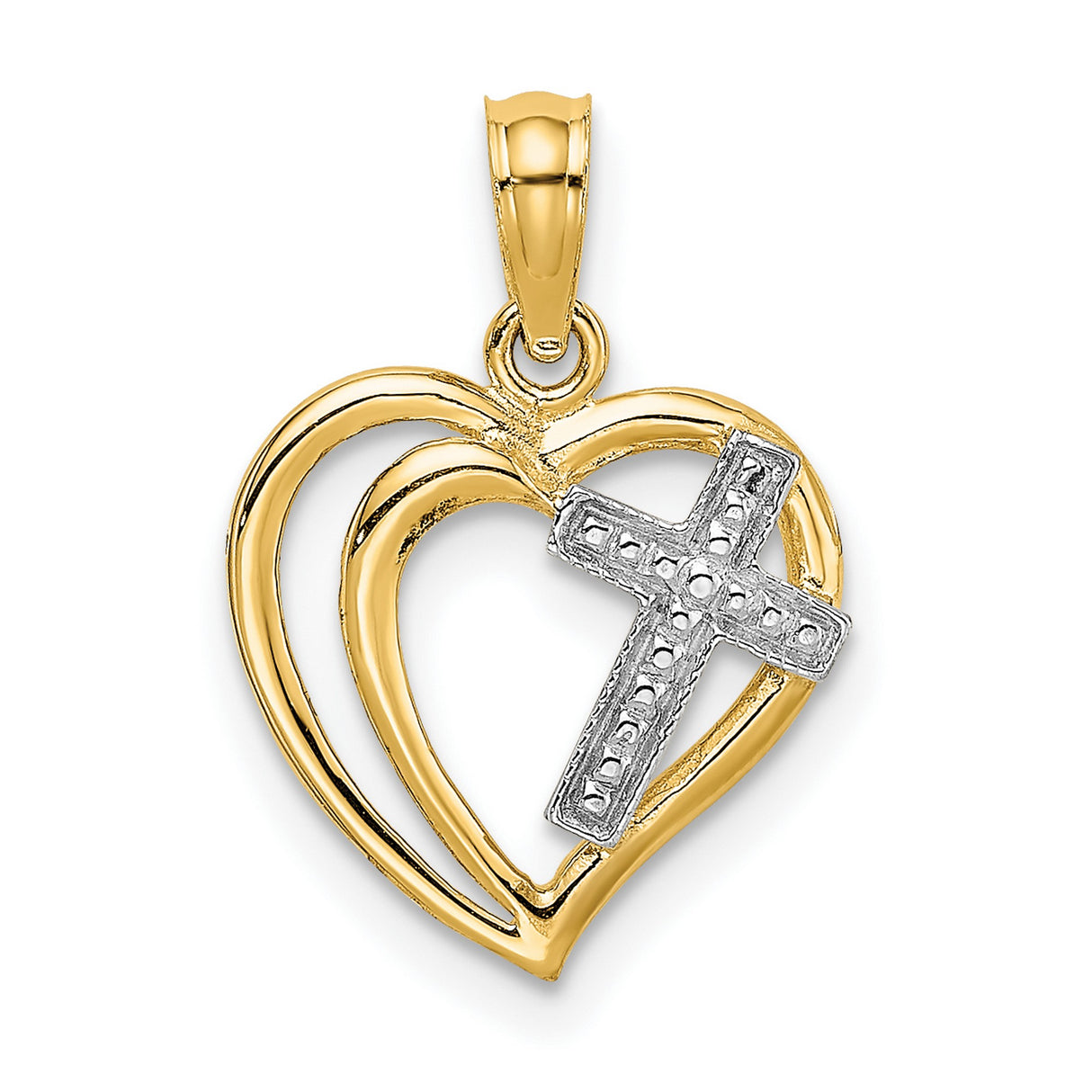 10k Yellow and White Gold Cross Heart Pendant with Textured Finish and Looped Bail