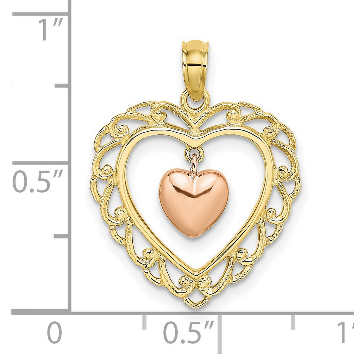 10k Two-Tone Gold Heart Pendant with Rose Gold Inner Charm and Filigree Design for Women