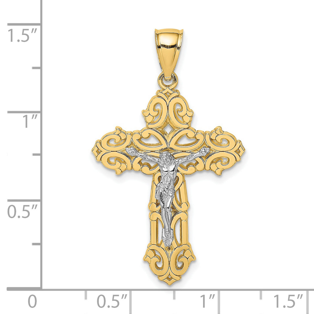 10k Two-Tone Gold Crucifix Pendant with Jesus Figure, Filigree Latin Cross Design