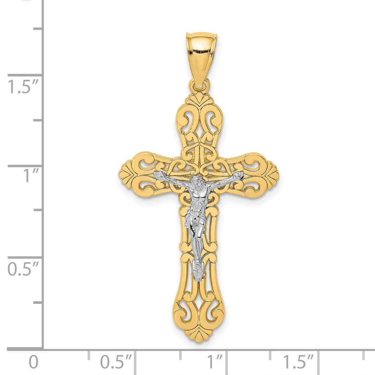 10k Multi-Tone Gold Crucifix Cross Pendant with Scroll Tip Baroque Design for Men and Women