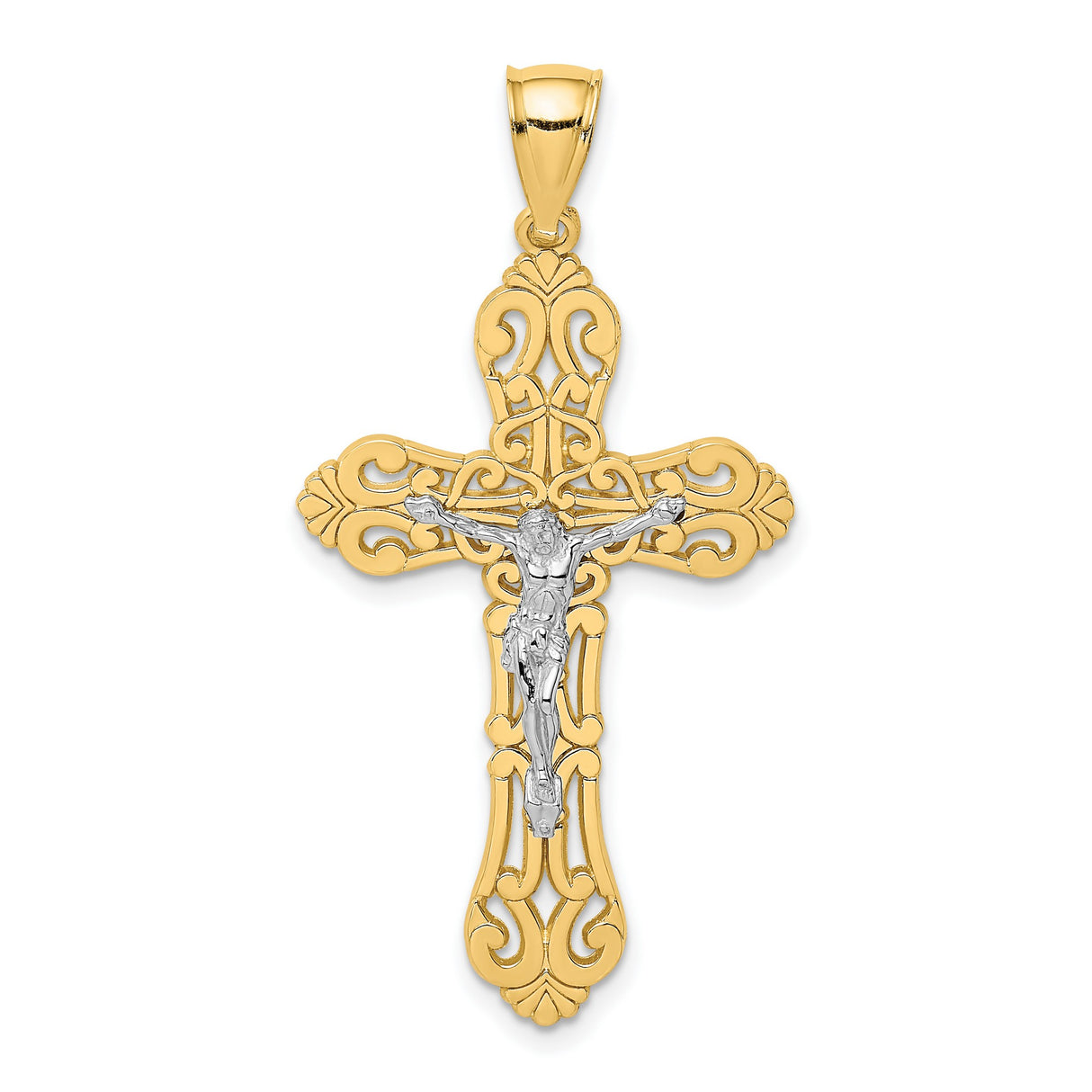 10k Multi-Tone Gold Crucifix Cross Pendant with Scroll Tip Baroque Design for Men and Women