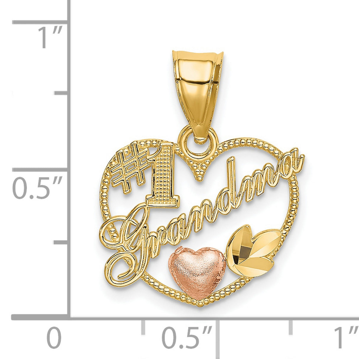 10k Two-Tone Gold Heart Pendant, Scripted Number 1 Grandma with Rose Gold Heart and Leaf Accent
