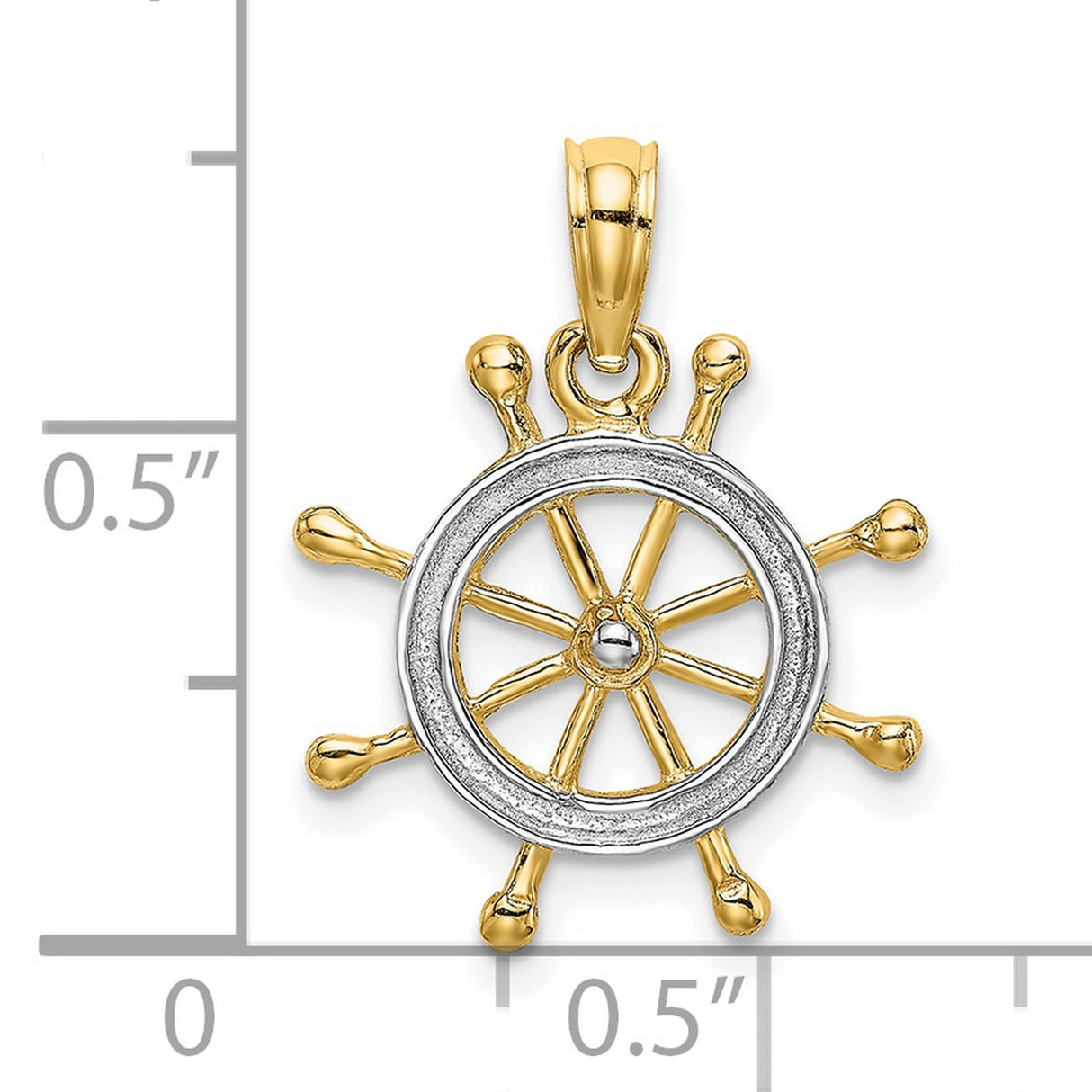 10k Multi-Tone Gold Nautical Ship Wheel Pendant with Rhodium Finish, Maritime Compass Design