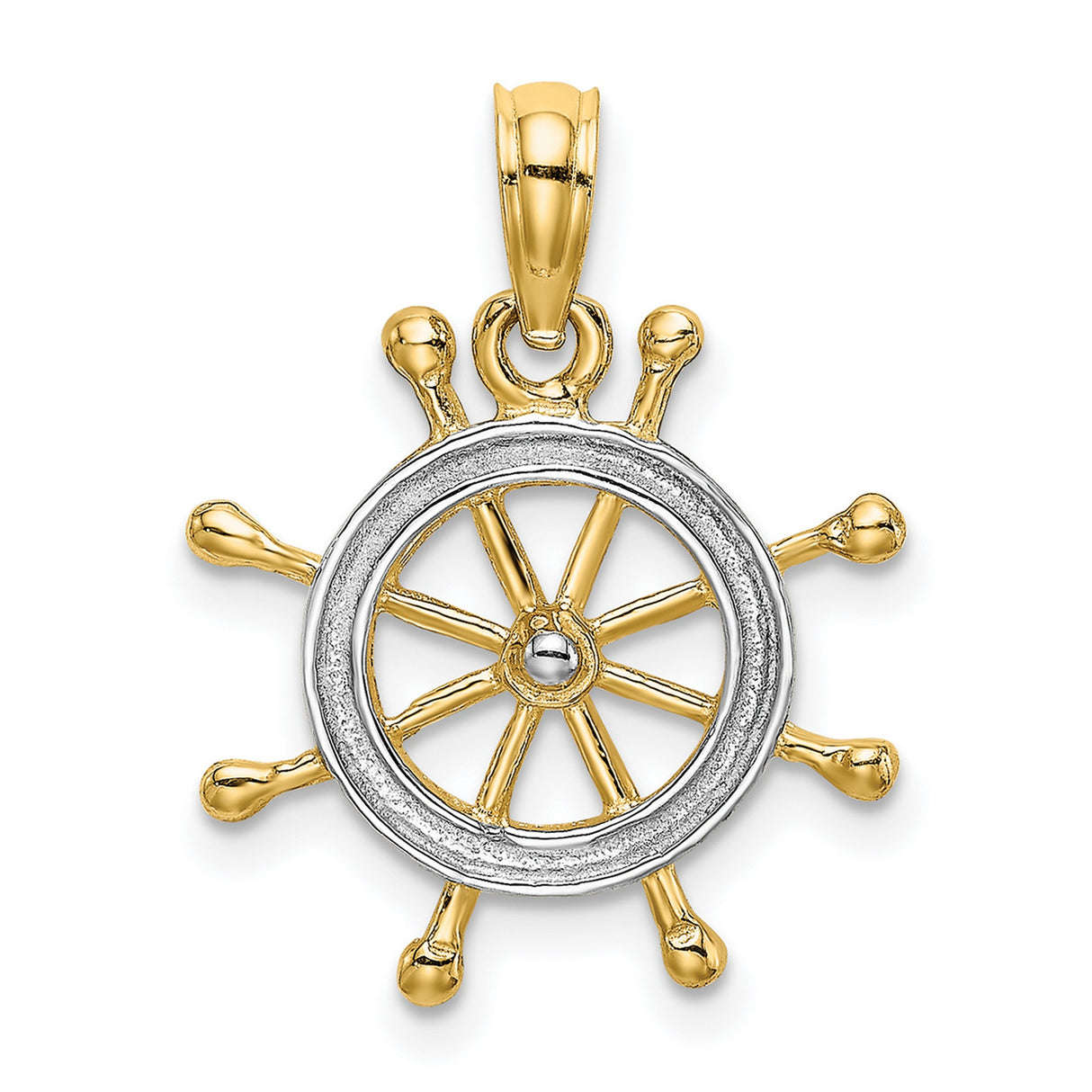 10k Multi-Tone Gold Nautical Ship Wheel Pendant with Rhodium Finish, Maritime Compass Design
