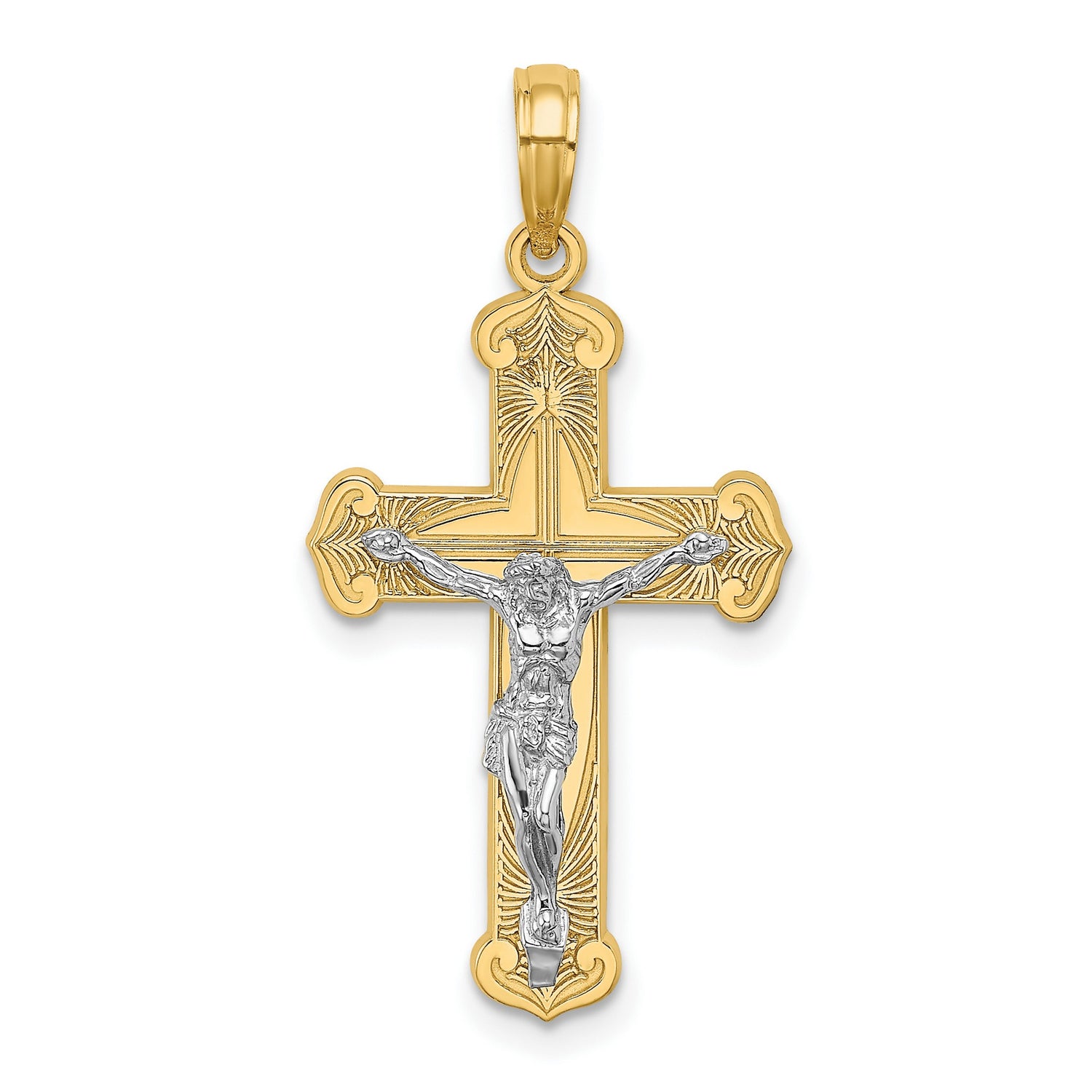 10k Two-Tone Gold Crucifix Pendant with Detailed Christ Figure, Religious Charm for Men and Women