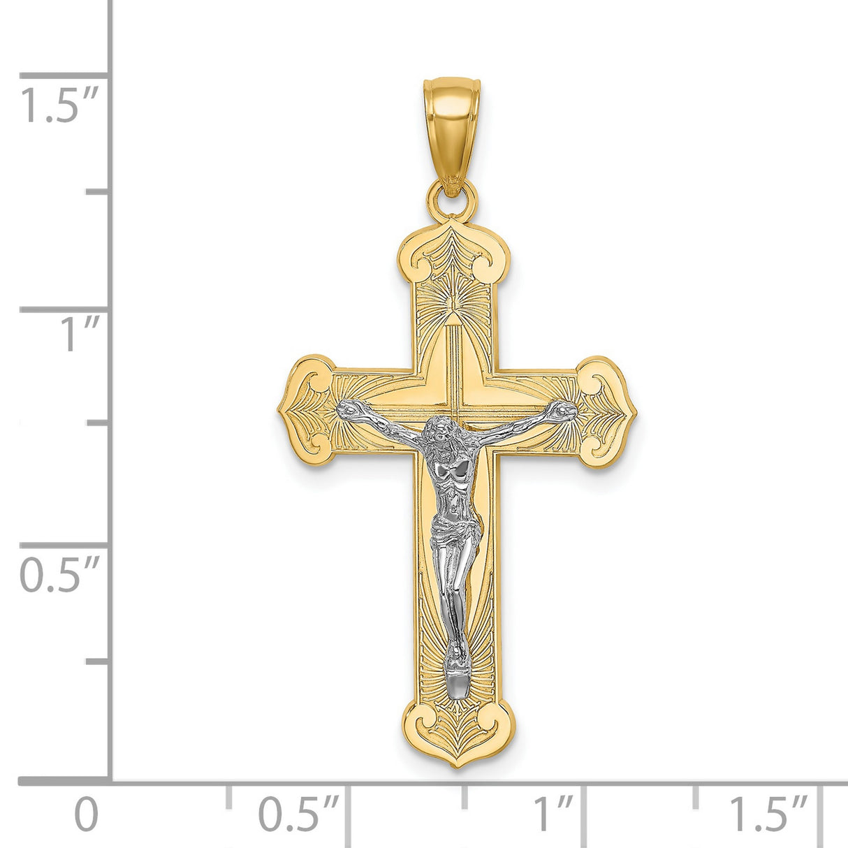 10k Multi-Tone Gold Crucifix Cross Pendant with Fleur Design, Religious Christian Charm