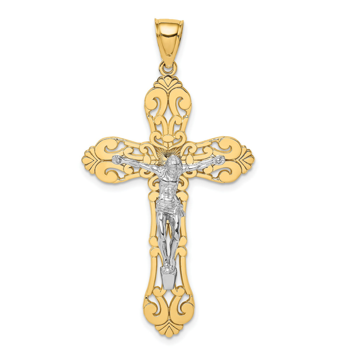 10k Multi-Tone Gold Crucifix Cross Pendant with Filigree Design for Men and Women