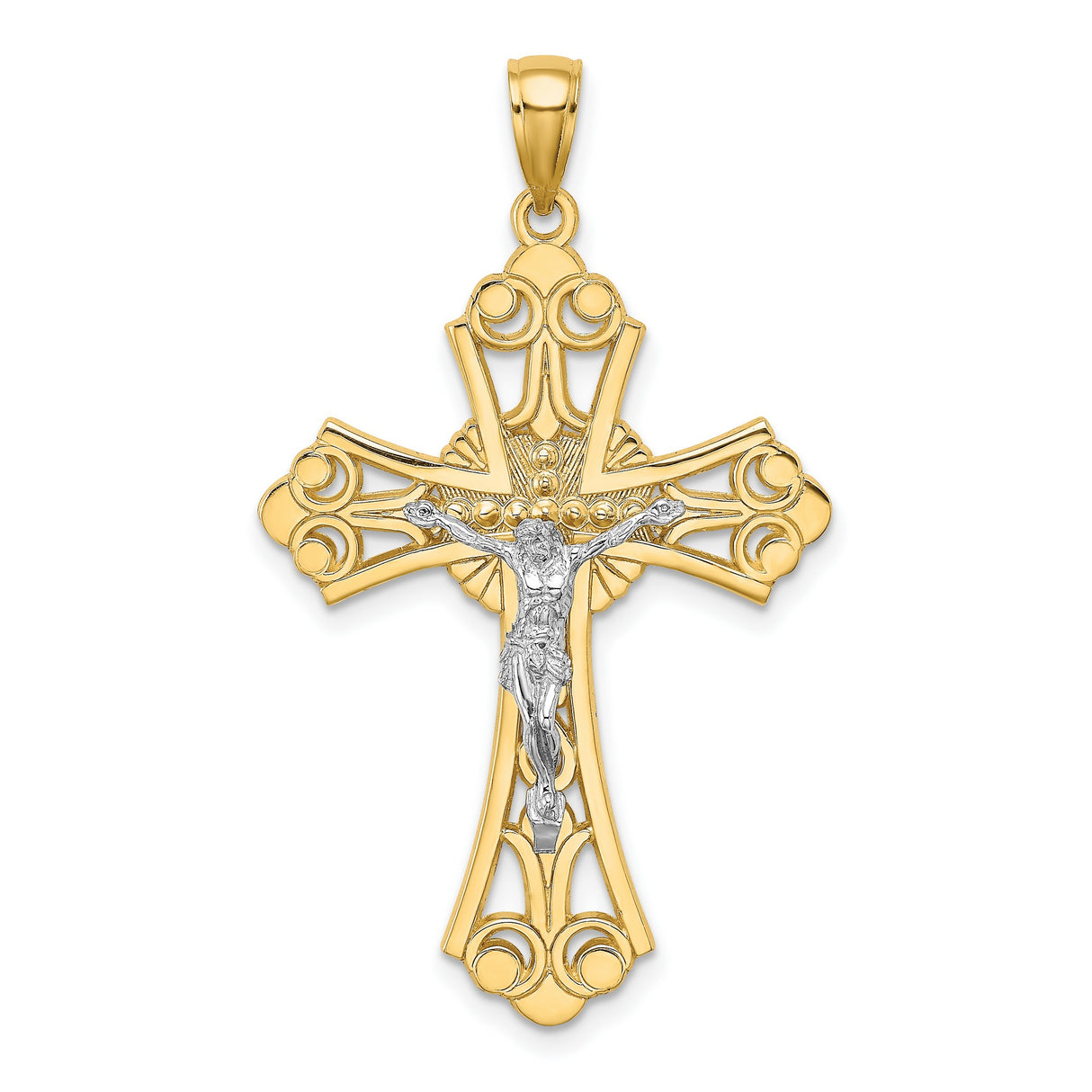 10k Two-Tone Gold Crucifix Cross Pendant with Cut-Out Design and Jesus Figure