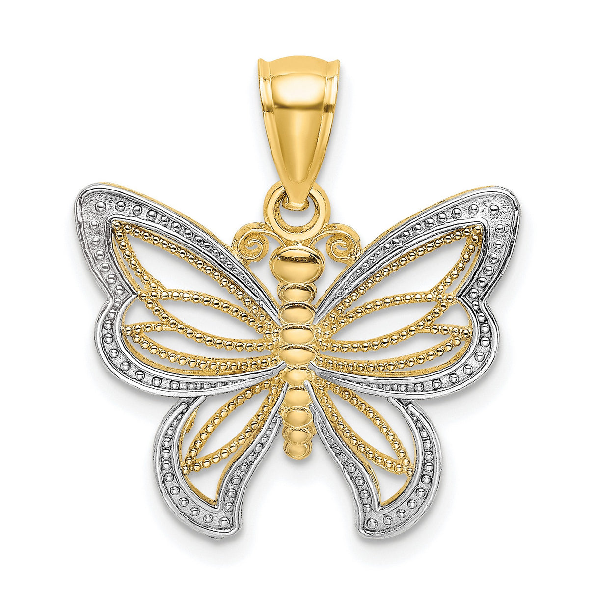 10k Multi-Tone Gold Butterfly Pendant with Openwork and Beaded Wings Design