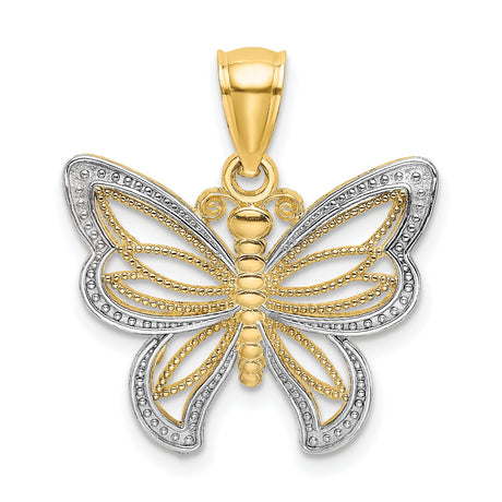10k Multi-Tone Gold Butterfly Pendant with Openwork and Beaded Wings Design