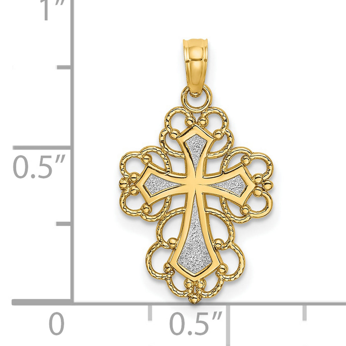 10k Multi-Tone Gold Cross Pendant with Rhodium Accent, Baroque Filigree Design