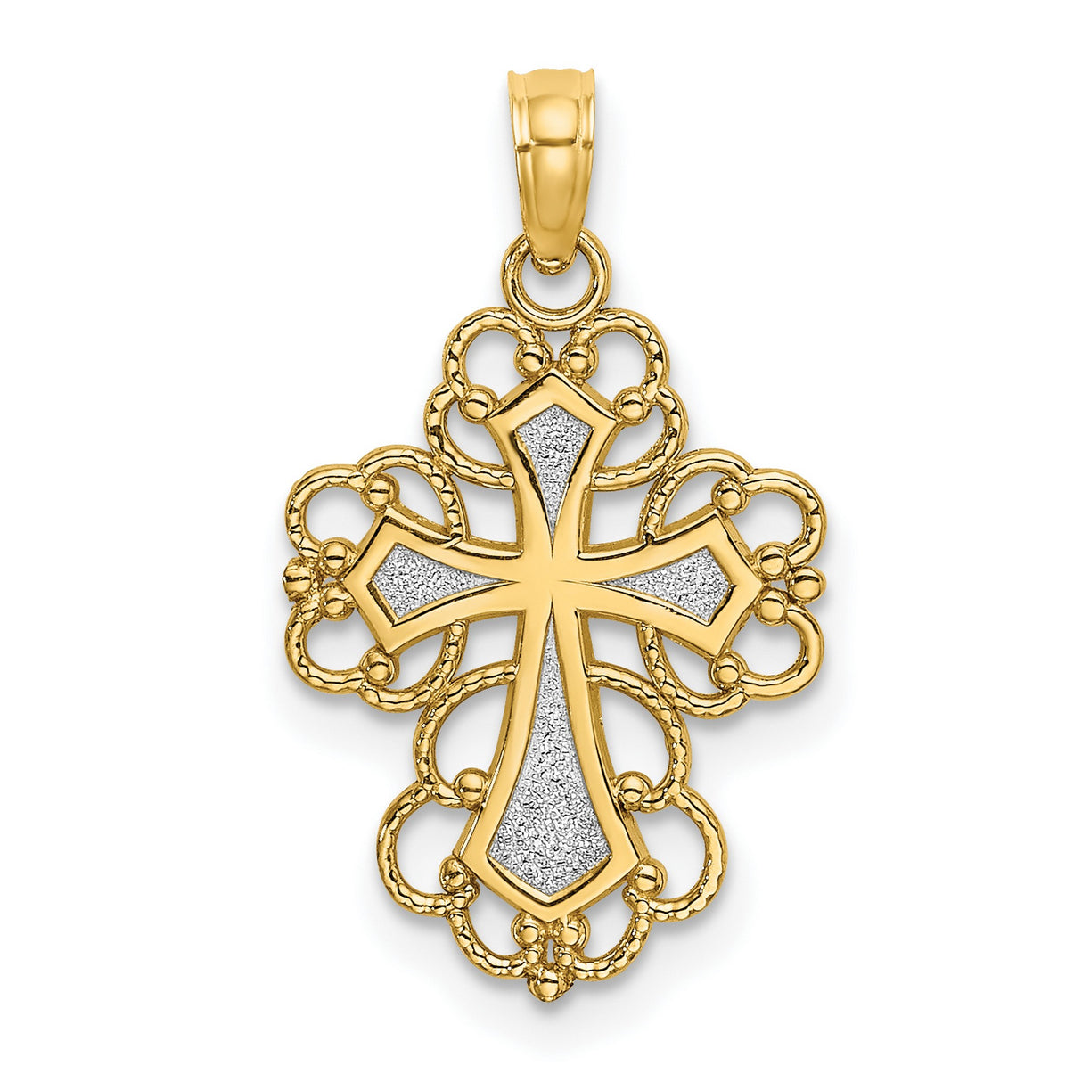 10k Multi-Tone Gold Cross Pendant with Rhodium Accent, Baroque Filigree Design