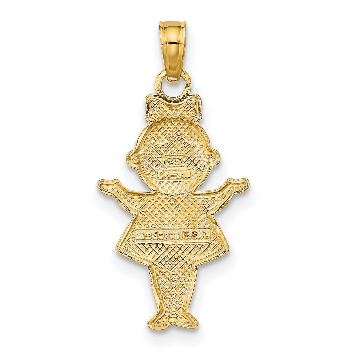 10k Multi-Tone Gold Girl Pendant with Smiling Face, Bow and XOX Dress Details