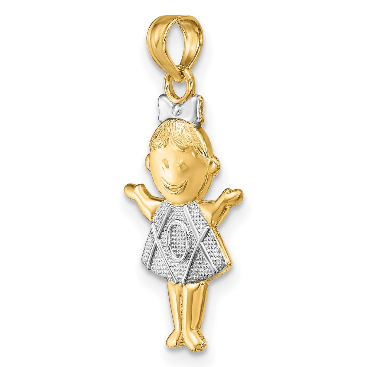 10k Multi-Tone Gold Girl Pendant with Smiling Face, Bow and XOX Dress Details