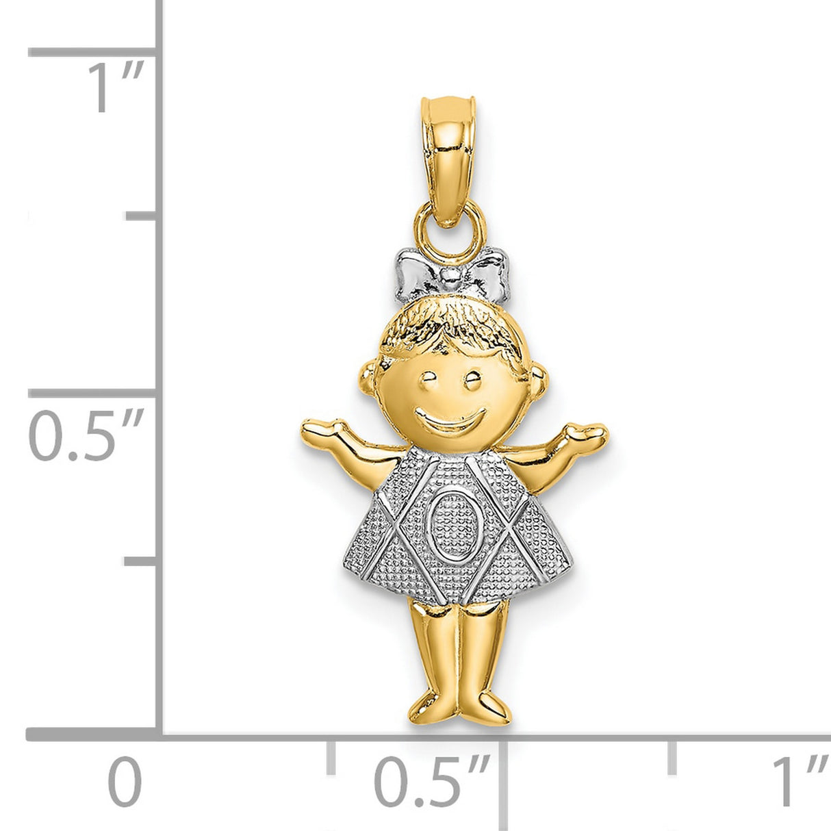10k Multi-Tone Gold Girl Pendant with Smiling Face, Bow and XOX Dress Details