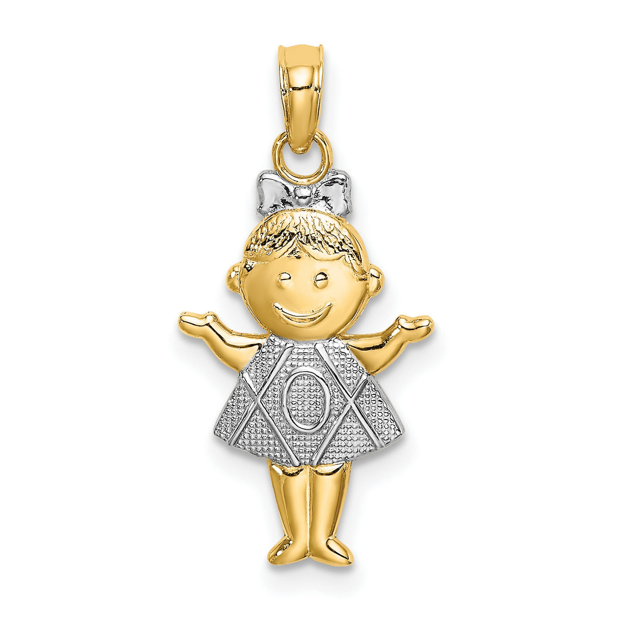 10k Multi-Tone Gold Girl Pendant with Smiling Face, Bow and XOX Dress Details