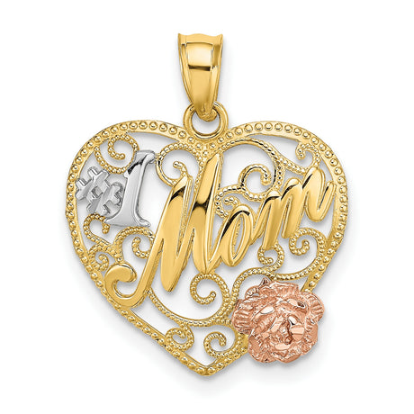 10k Two-Tone Gold Heart Pendant with #1 Mom Lettering and Rose Flower Accent