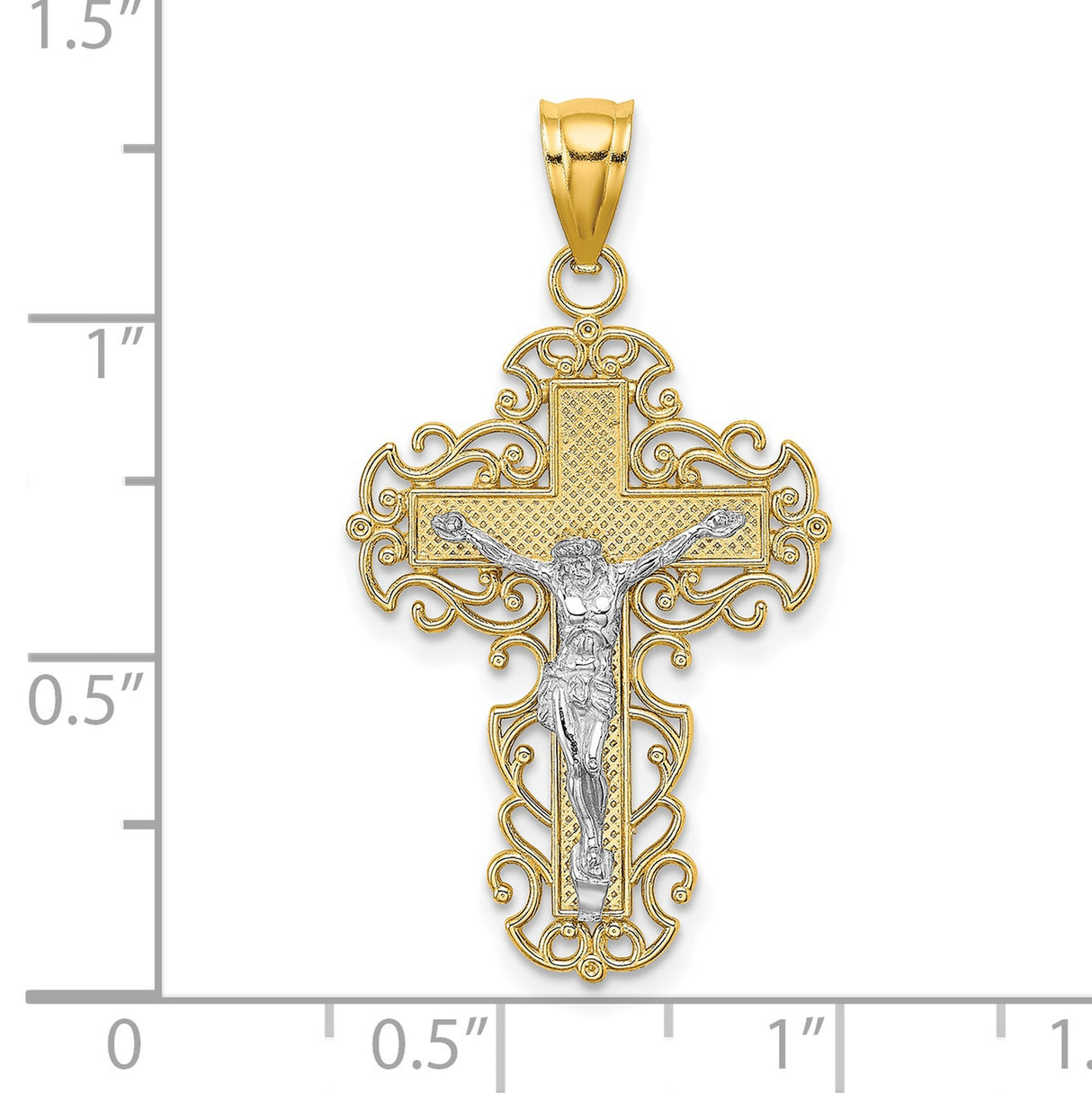 10k Multi-Tone Gold Crucifix Cross Pendant with Filigree Design and Jesus Figure