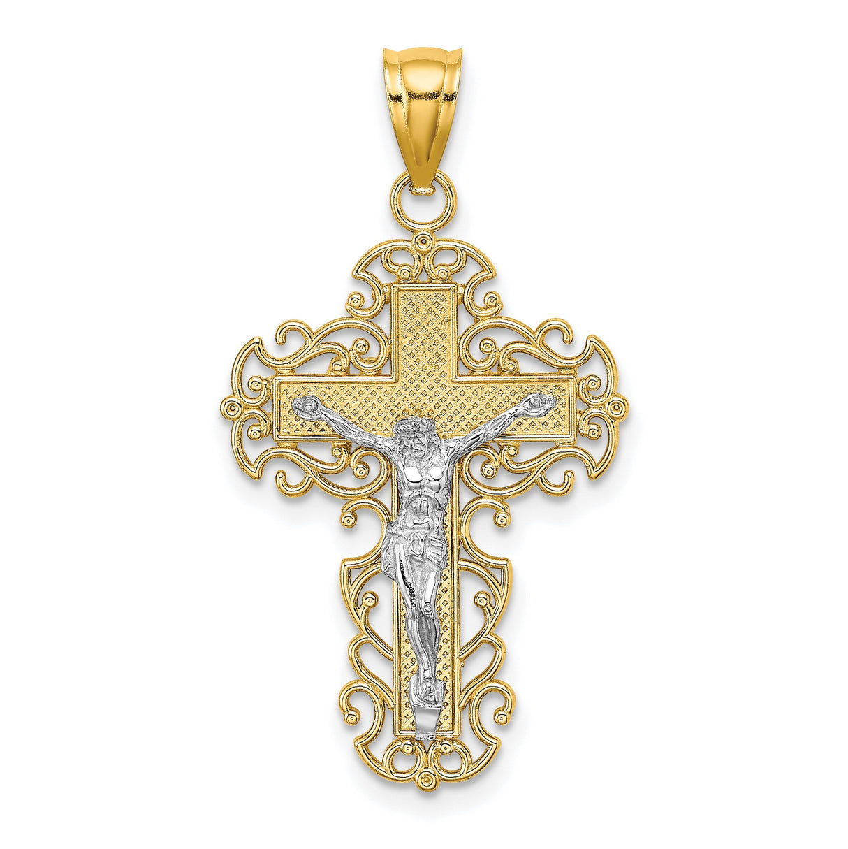 10k Multi-Tone Gold Crucifix Cross Pendant with Filigree Design and Jesus Figure