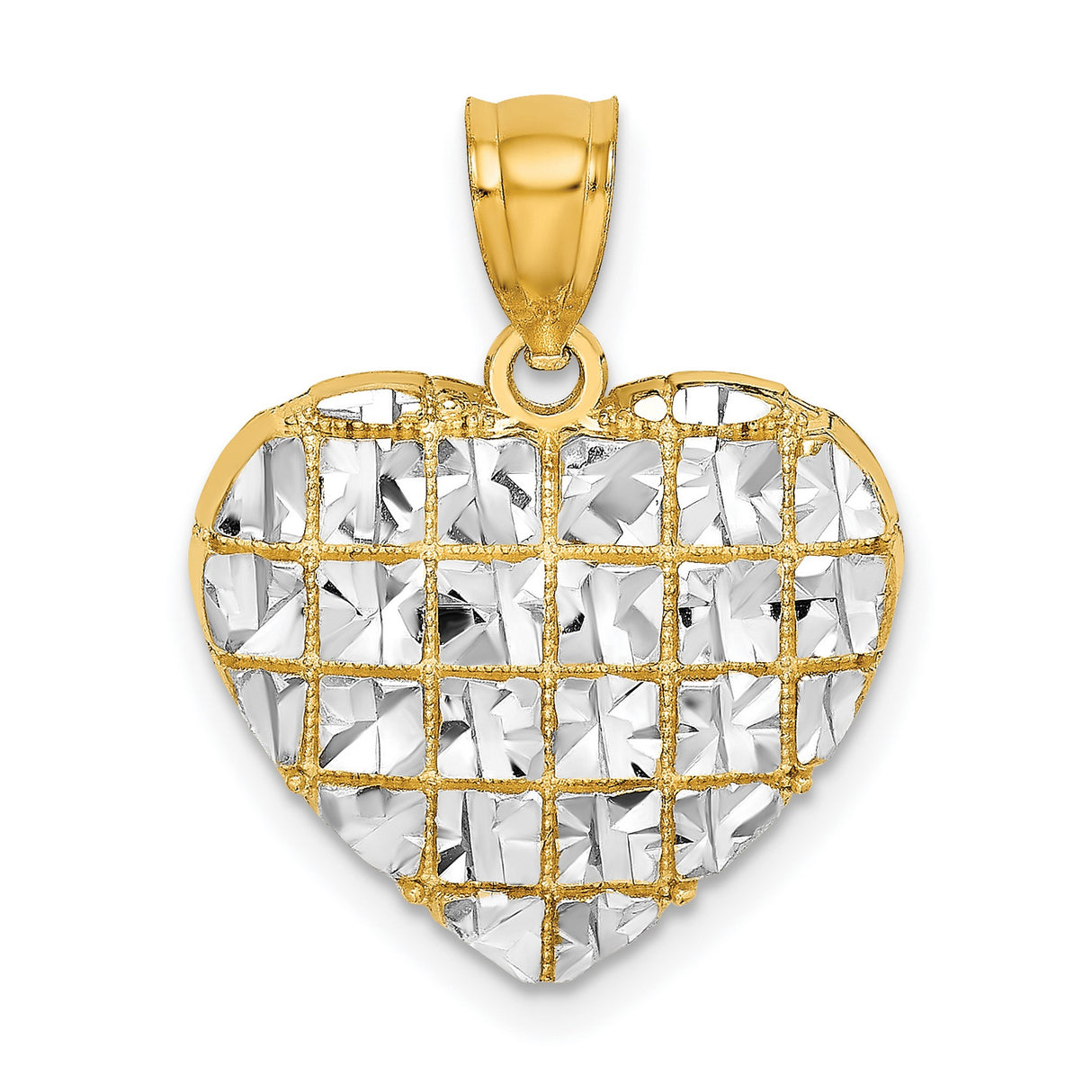 10k Multi-Tone Gold Heart Pendant with Grid Cut Diamond-Cut Design for Women