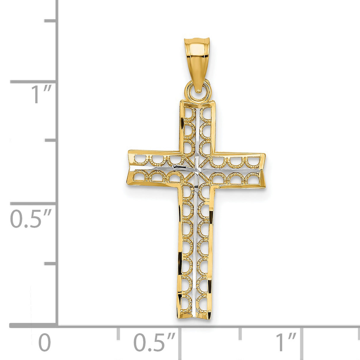 10k Multi-Tone Gold Filigree Cross Pendant with Rhodium Detailing and Openwork Design