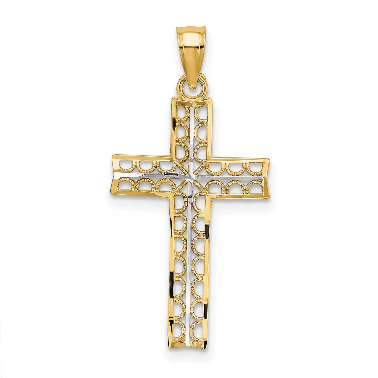 10k Multi-Tone Gold Filigree Cross Pendant with Rhodium Detailing and Openwork Design