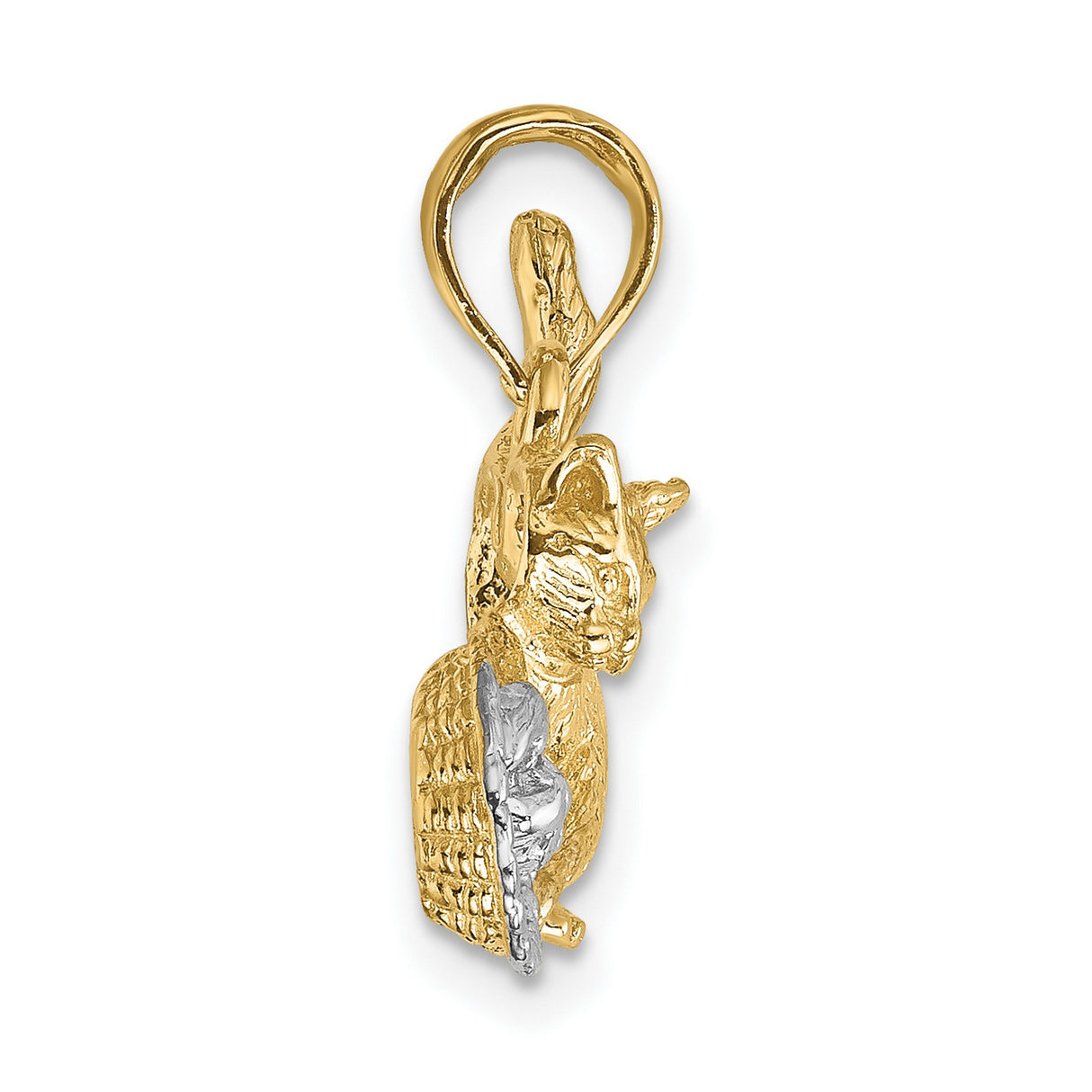 10k Multi-Tone Gold Cat and Basket Pendant with Rhodium Accents, Playful Kitten Charm